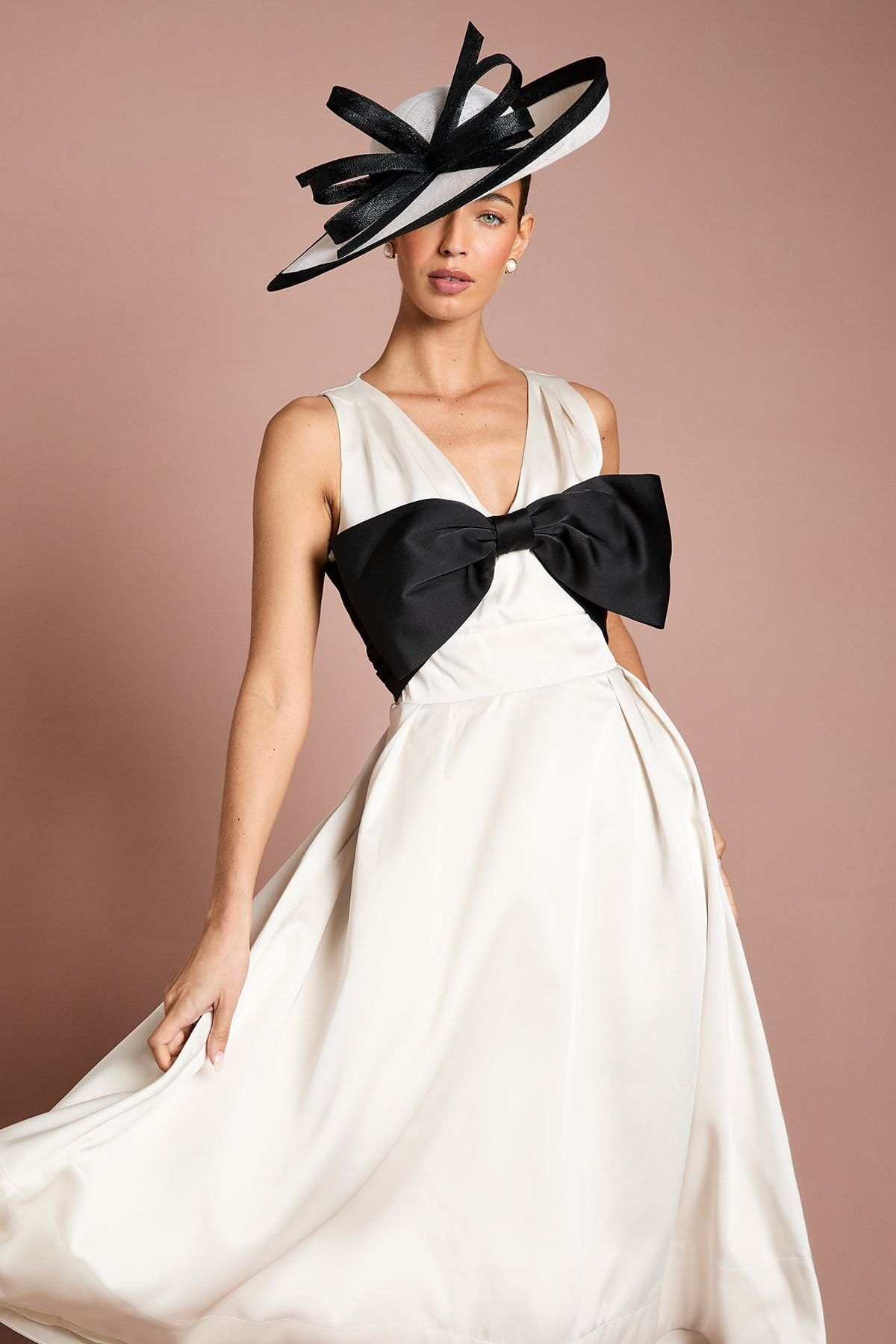 Coast Coast Women's Lisa Tan Satin Midi Dress With Bow Detail in Mono - 4