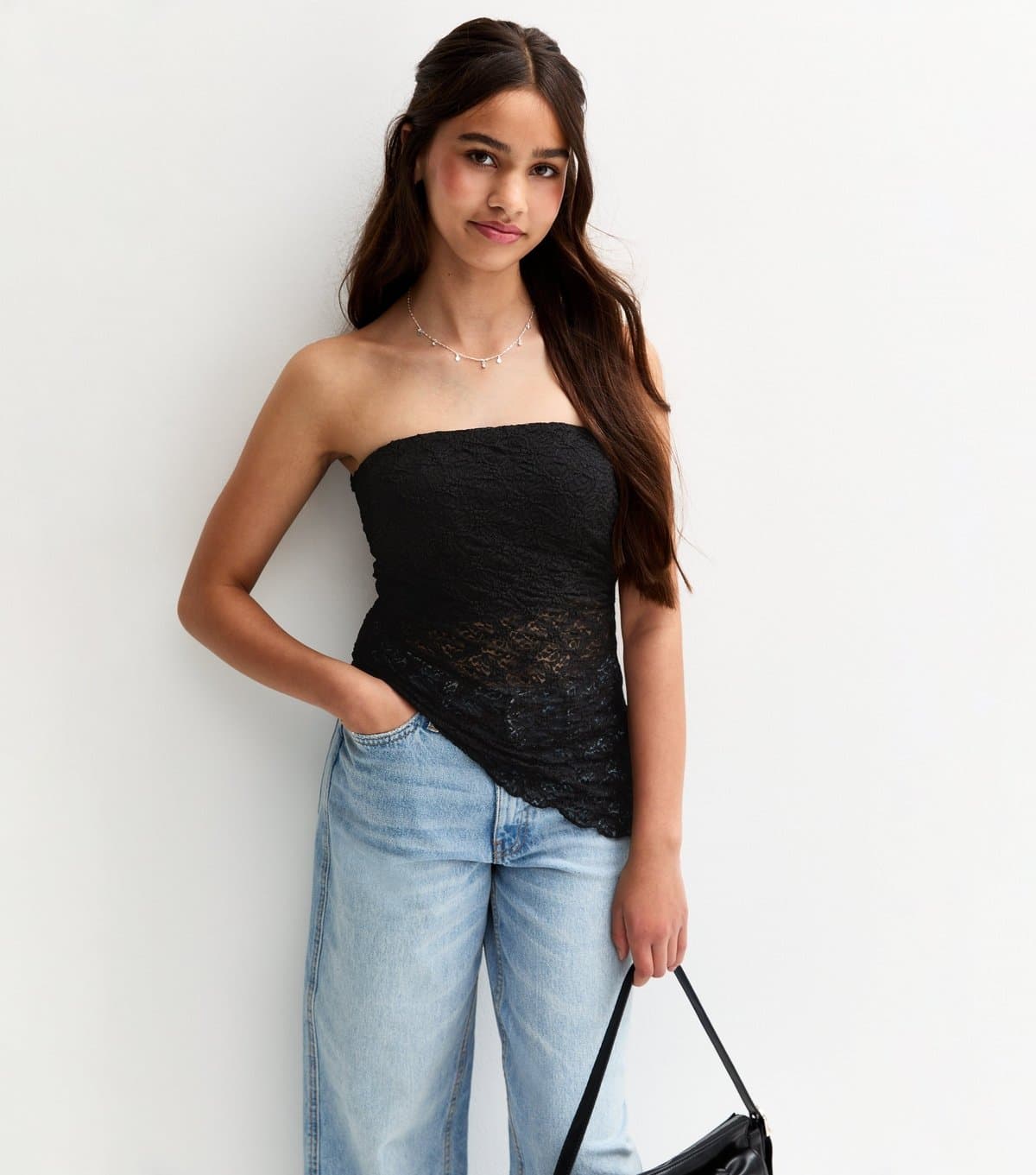 New Look Girls' Black Jersey Lace Asymmetric Bandeau Top New Look