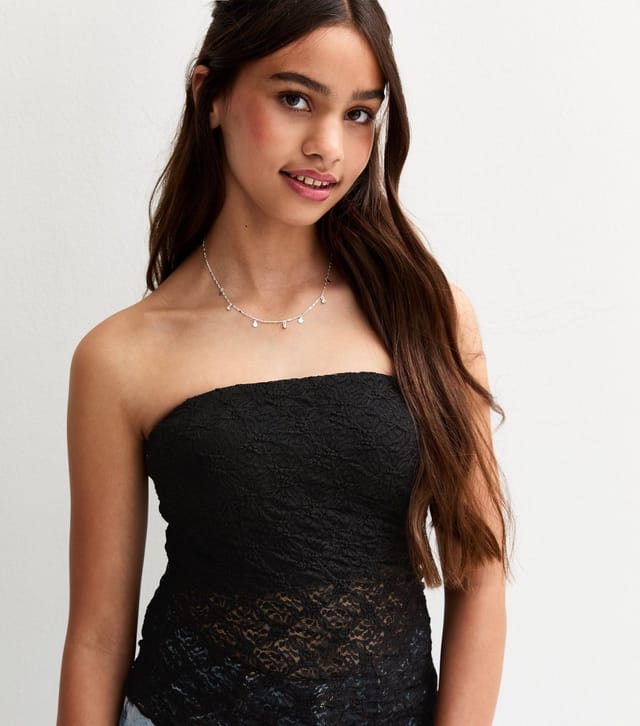 New Look Girls' Black Jersey Lace Asymmetric Bandeau Top New Look - 2