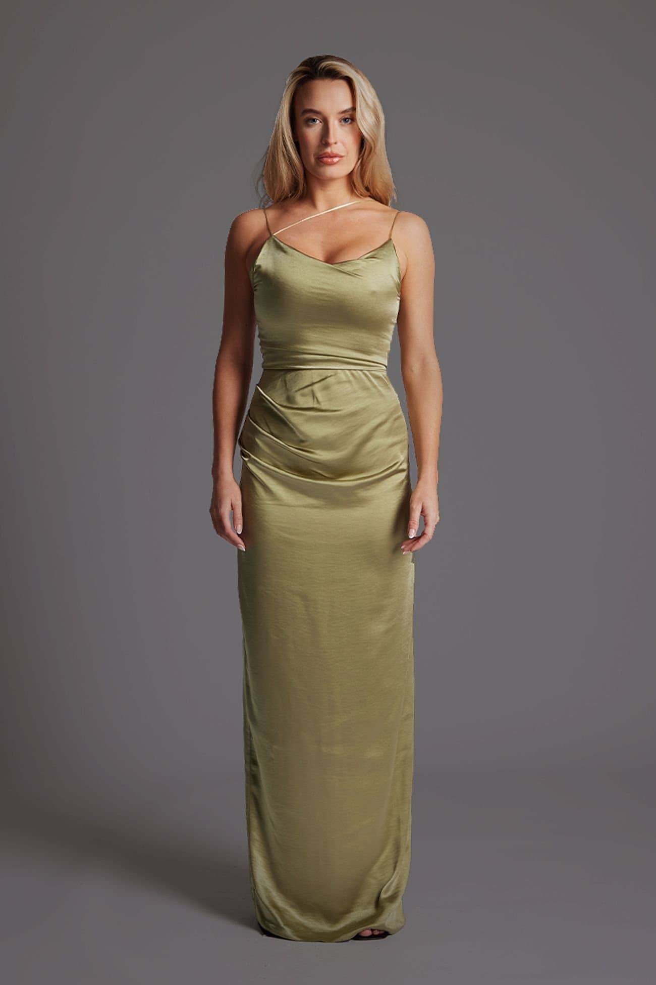 Vesper Vesper Women's Satin Strappy Maxi Dress With Split in Olive