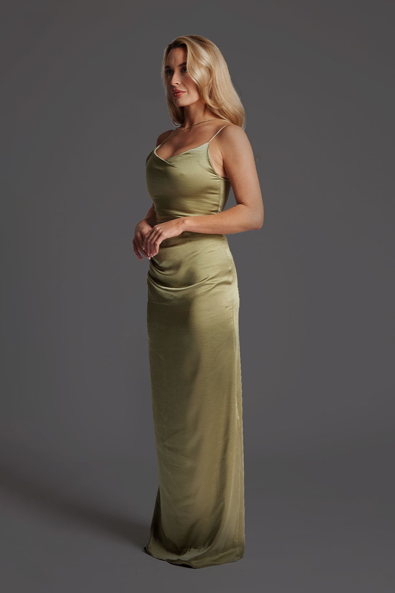Vesper Vesper Women's Satin Strappy Maxi Dress With Split in Olive - 2