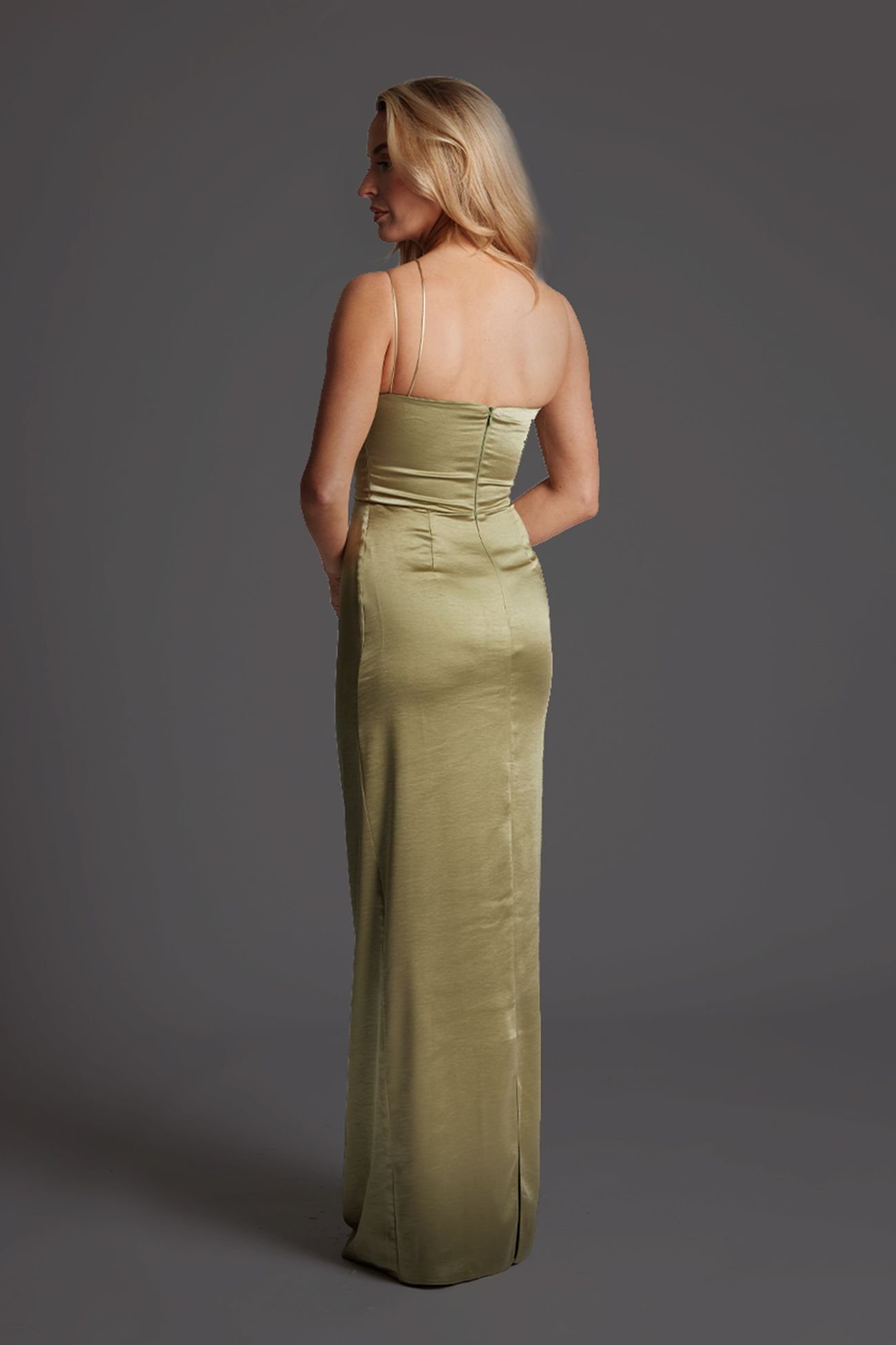 Vesper Vesper Women's Satin Strappy Maxi Dress With Split in Olive - 3