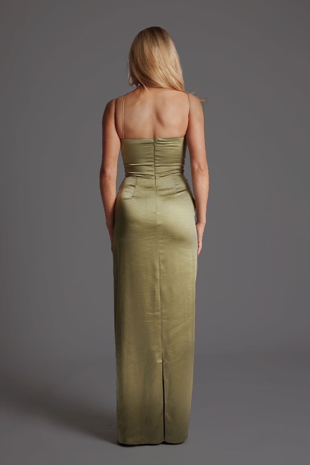 Vesper Vesper Women's Satin Strappy Maxi Dress With Split in Olive - 4