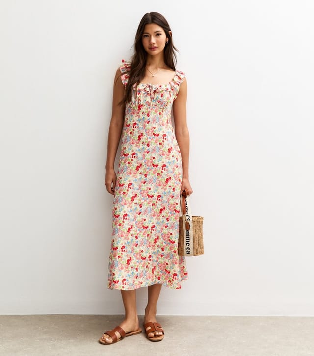 New Look Women's Multicolour Floral Print Ruffle Trim Tie Back Midi Dress New Look - 2