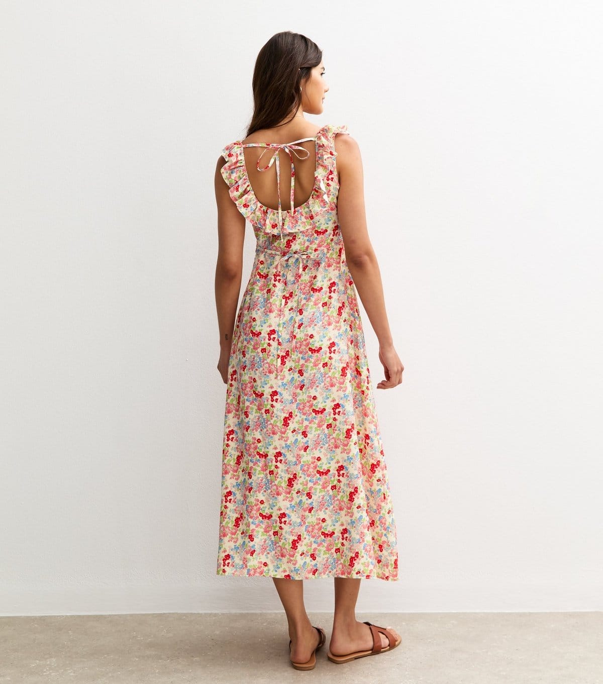 New Look Women's Multicolour Floral Print Ruffle Trim Tie Back Midi Dress New Look - 4