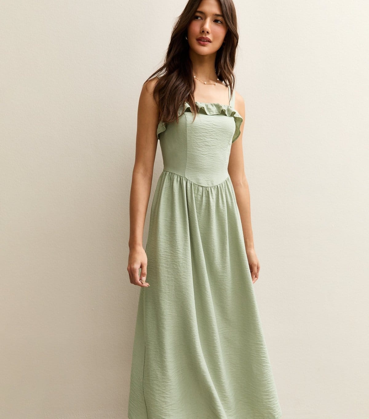 New Look Light Khaki Square Neck Frilly Trim Midi Dress
