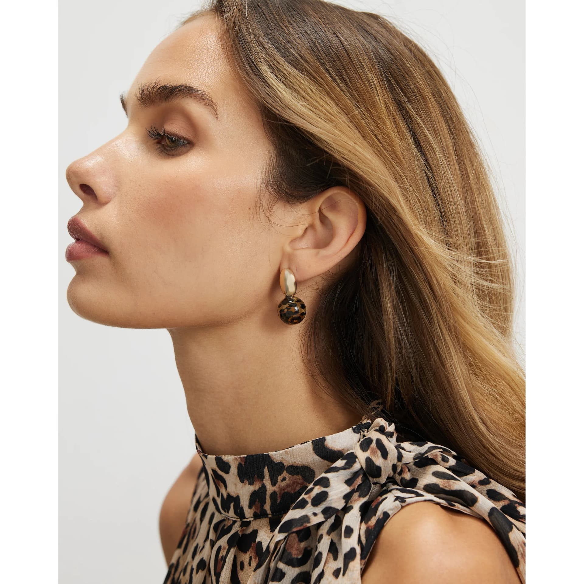 River Island River Island Womens Gold Leopard Print Ball Drop Earrings