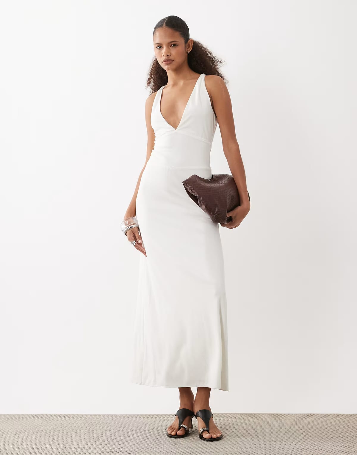ASOS Motel Georgina cupro deep plunge midi dress in off white - 1