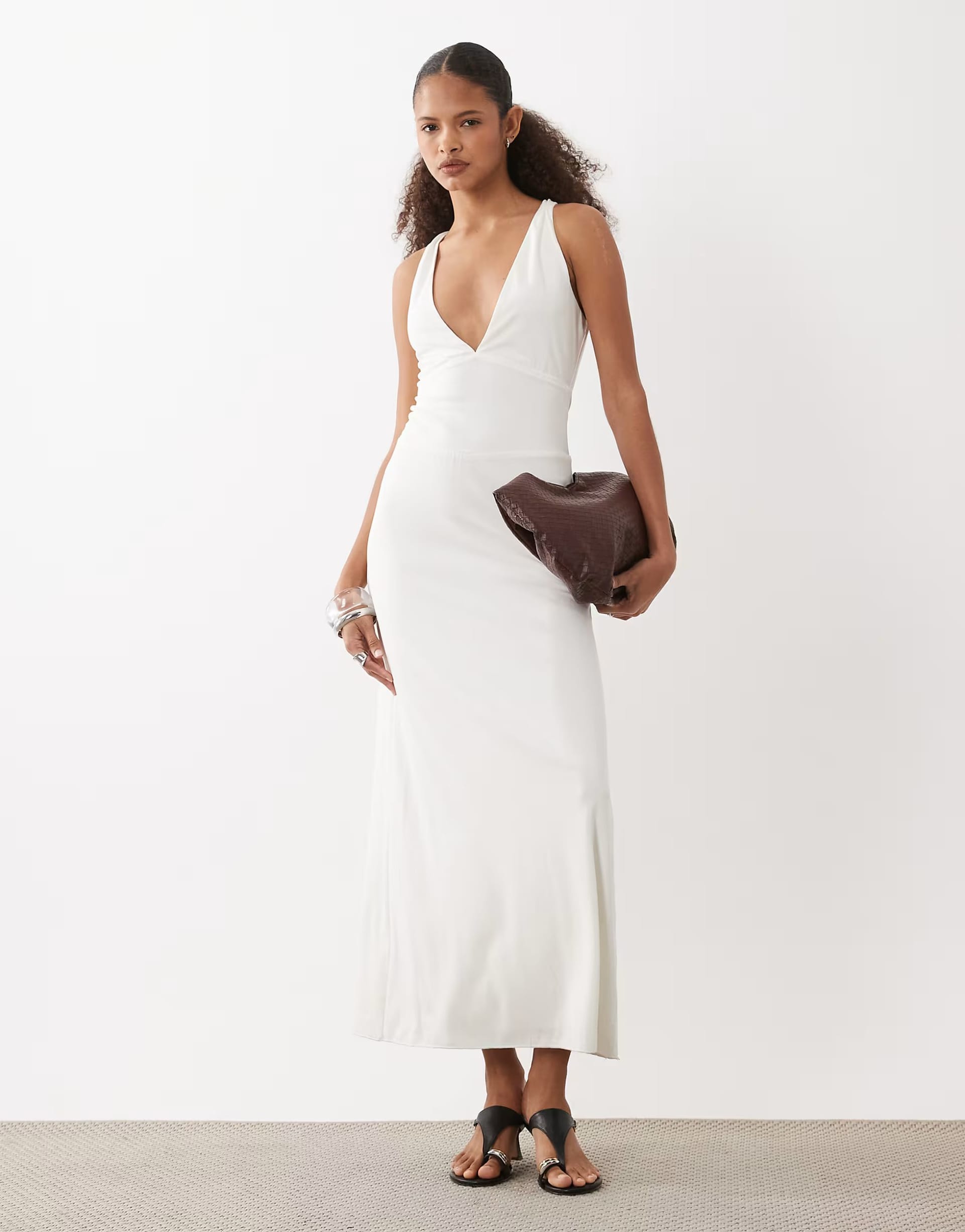 ASOS Georgina Cupro Deep Plunge Midi Dress in Off White