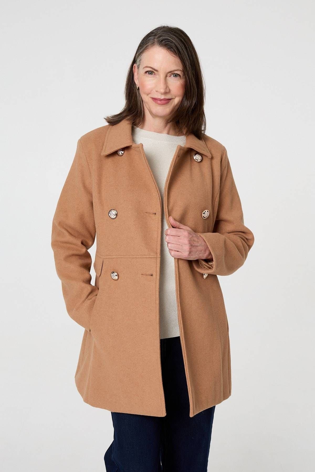 Izabel London Izabel London Women's Button Detail Double Breasted Jacket in Tan