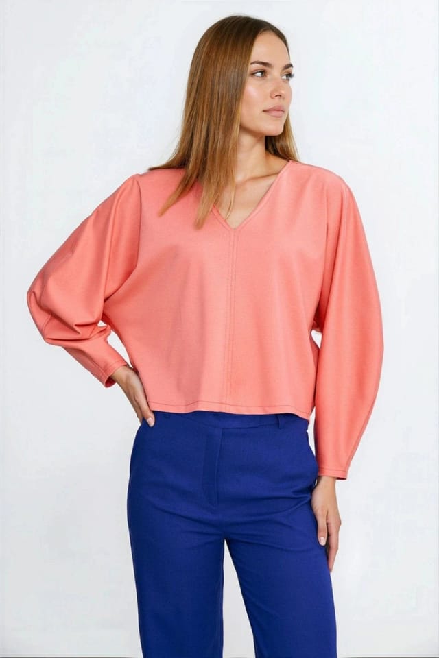 Love Lace Love Lace Women's Oversized V Neck Blouse with Balloon Sleeves in Pink - 2
