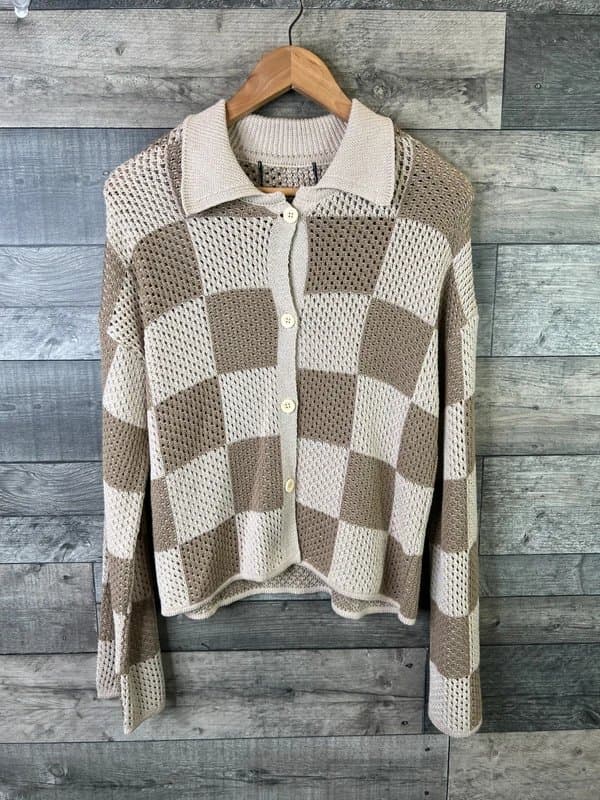 ASOS ASOS Design Womens Crochet Top Size UK 12 Beige Brown Checkerboard Cardigan Boho Knit