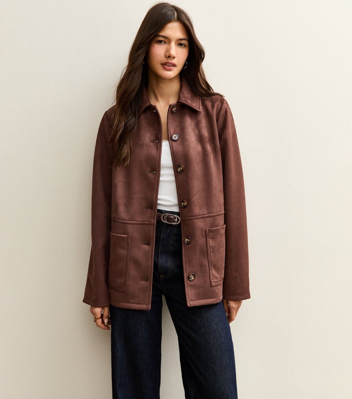 New Look Women's Dark Brown Faux Suede Button Front Jacket New Look