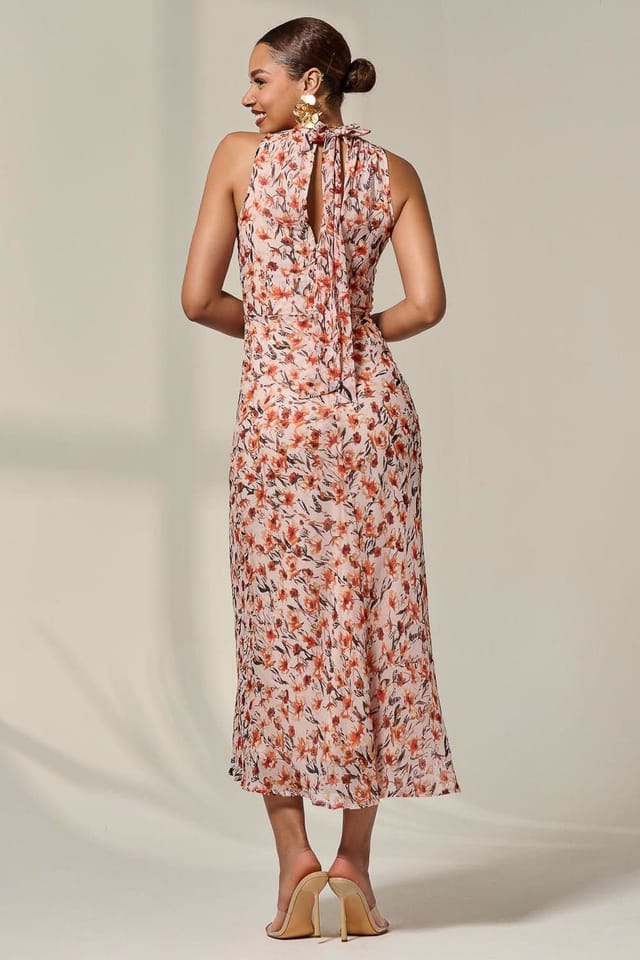 Jolie Moi Jolie Moi Women's Chiffon Halterneck Printed Midaxi Dress in Pale Orange - 2