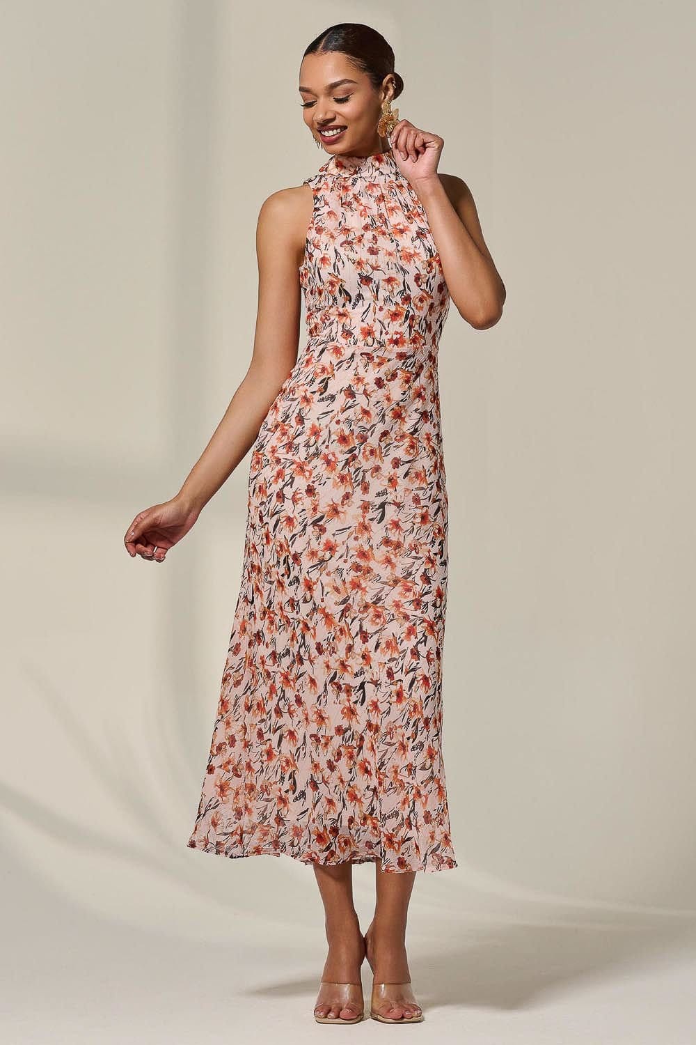 Jolie Moi Jolie Moi Women's Chiffon Halterneck Printed Midaxi Dress in Pale Orange - 4