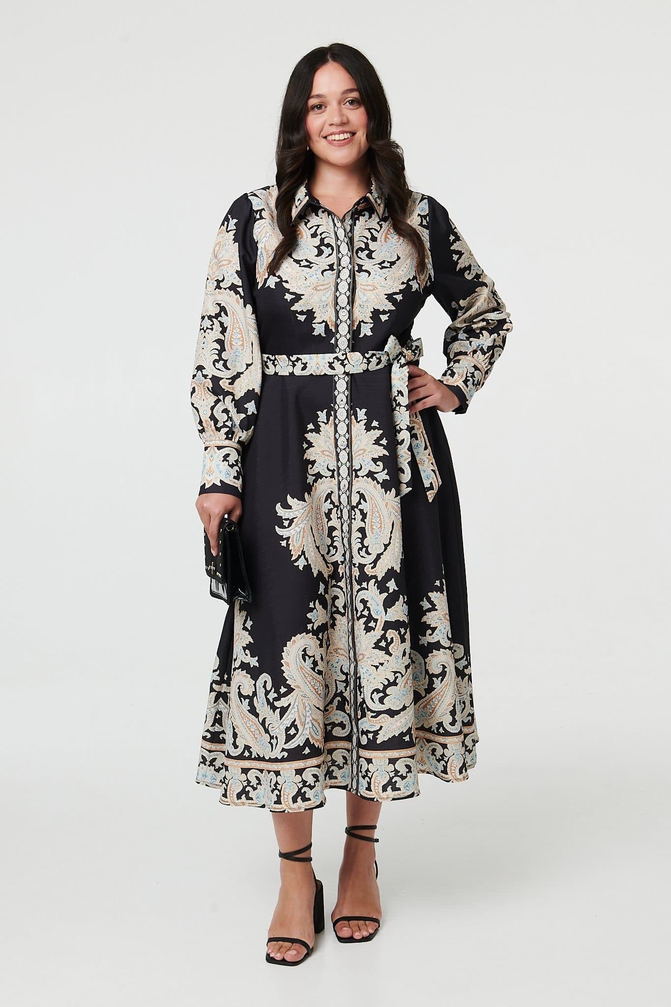 Izabel London Izabel London Women's Curve Floral Border Tie Waist Midi Dress in Black