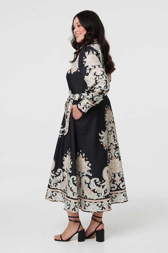 Izabel London Izabel London Women's Curve Floral Border Tie Waist Midi Dress in Black - 2