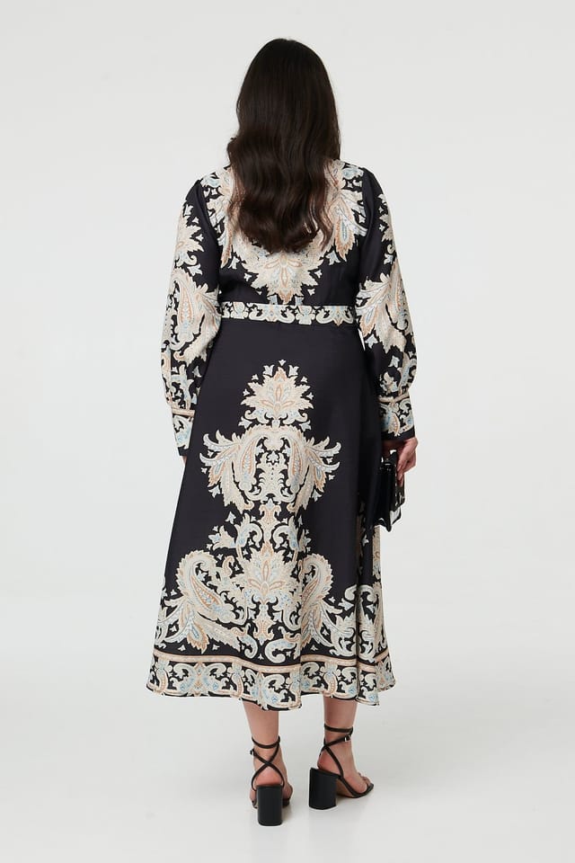 Izabel London Izabel London Women's Curve Floral Border Tie Waist Midi Dress in Black - 3