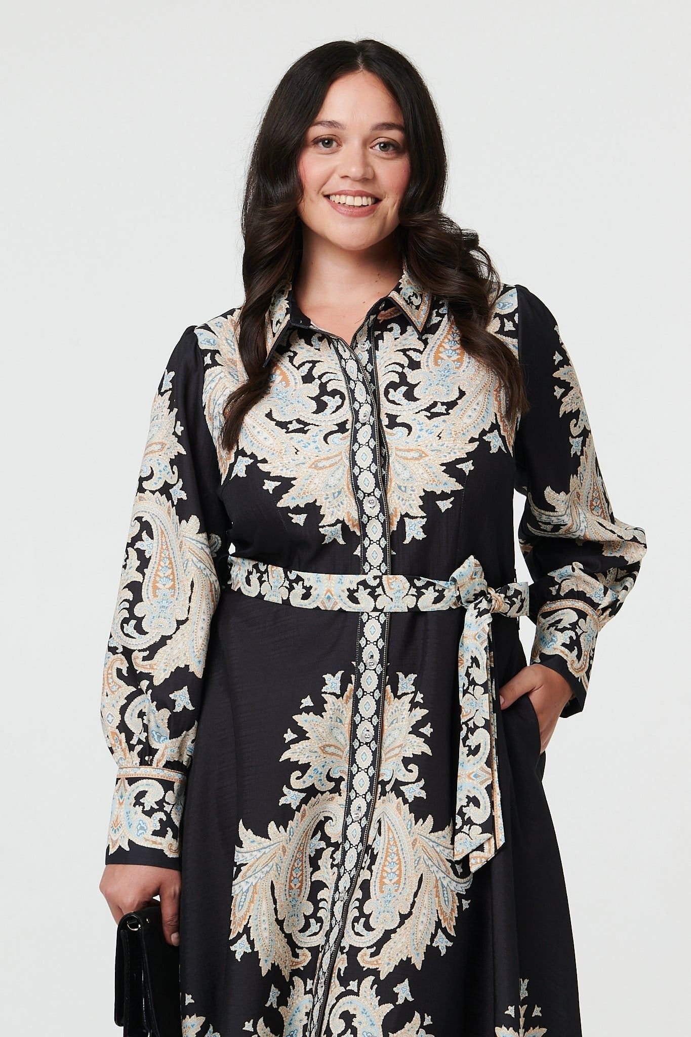Izabel London Izabel London Women's Curve Floral Border Tie Waist Midi Dress in Black - 4