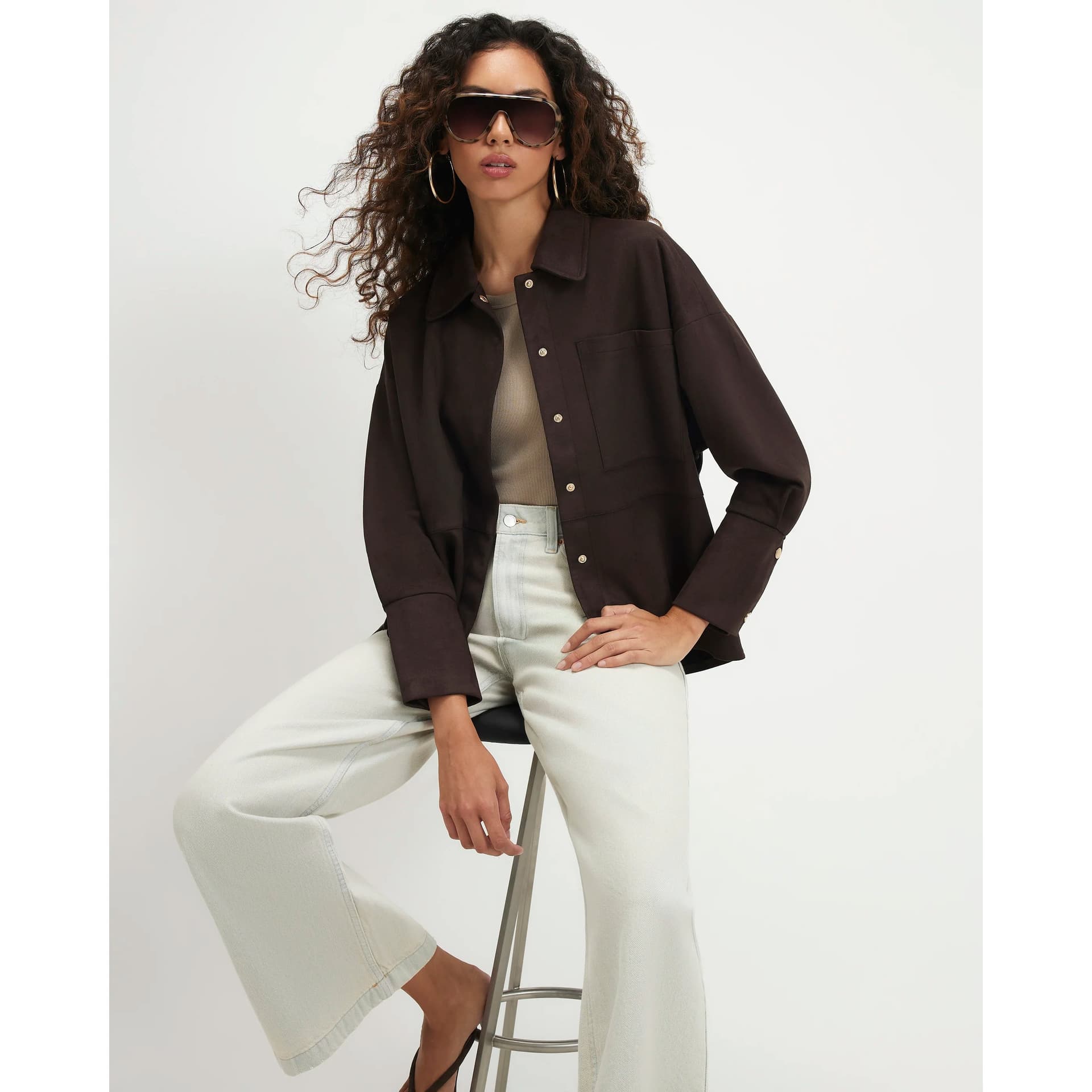 River Island River Island Womens Brown Faux Suede Long Sleeve Overshirt