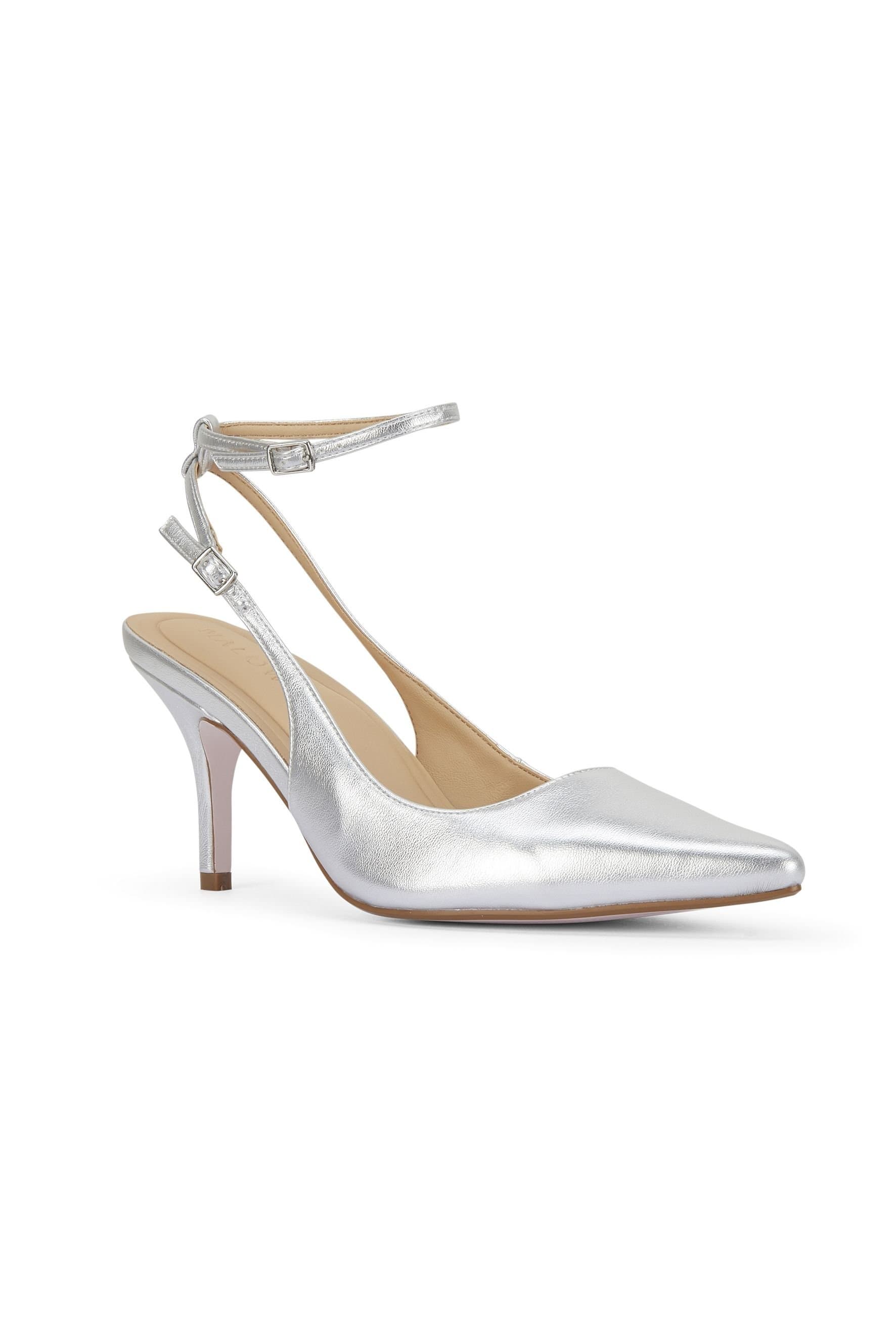 MALOW LONDON MALOW LONDON Women's Camila Slingback Heels Buckle PU/Patent Pointed Toe Stiletto Shoes in Silver