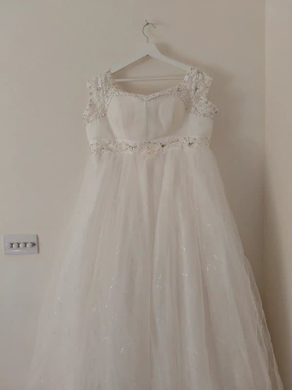 Unique 90-Inch Super Long Train Wedding Gown – Unique Design, 6-Layer Sequin Tulle & Embroidery