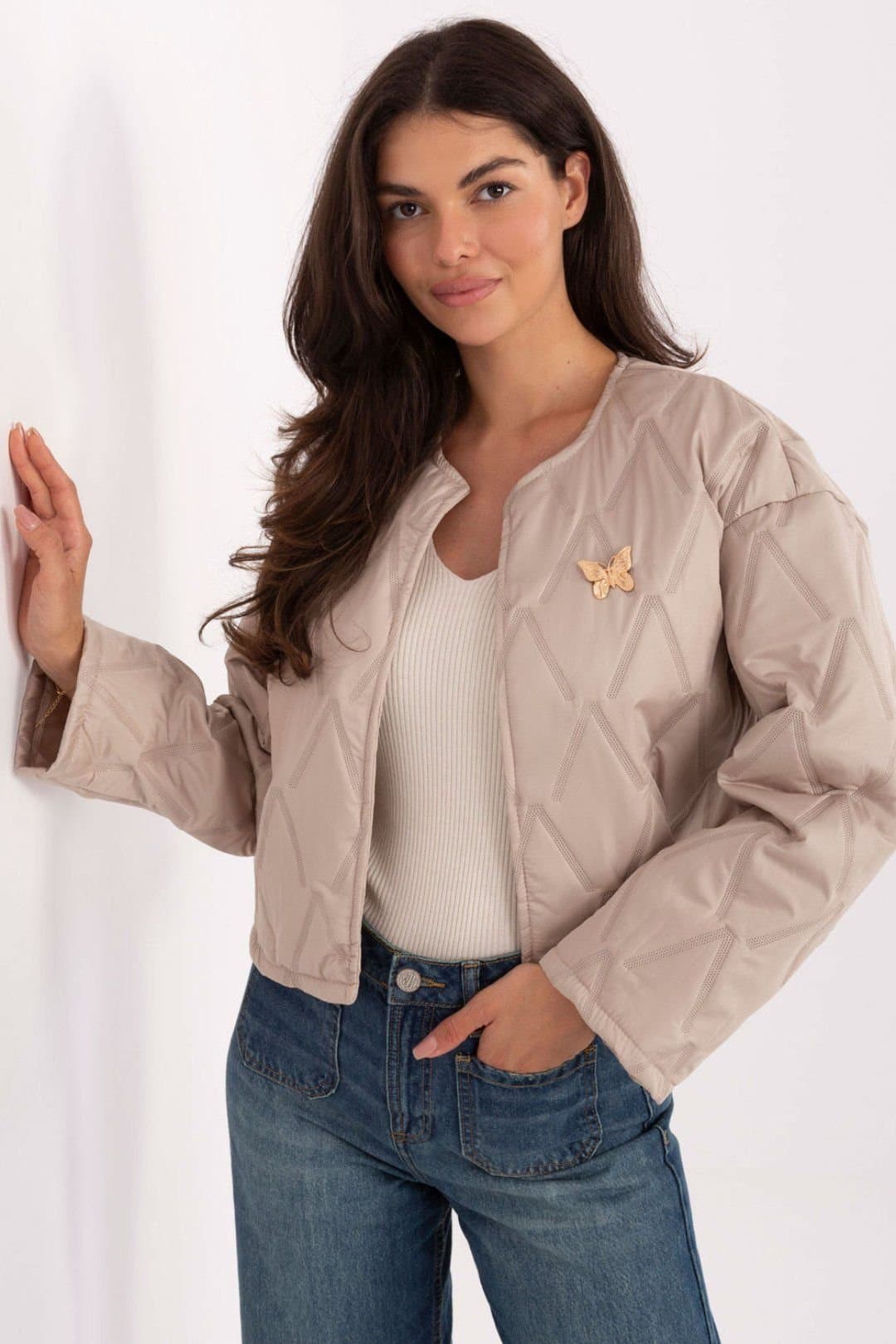 Love Lace Love Lace Women's Quilted Transitional Jacket with Butterfly Brooch in Beige