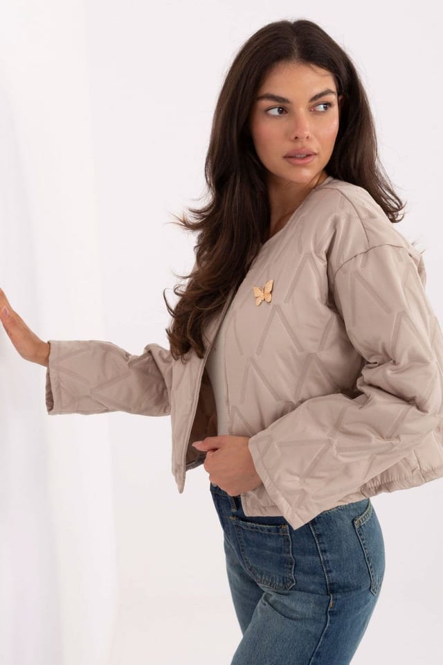 Love Lace Love Lace Women's Quilted Transitional Jacket with Butterfly Brooch in Beige - 2