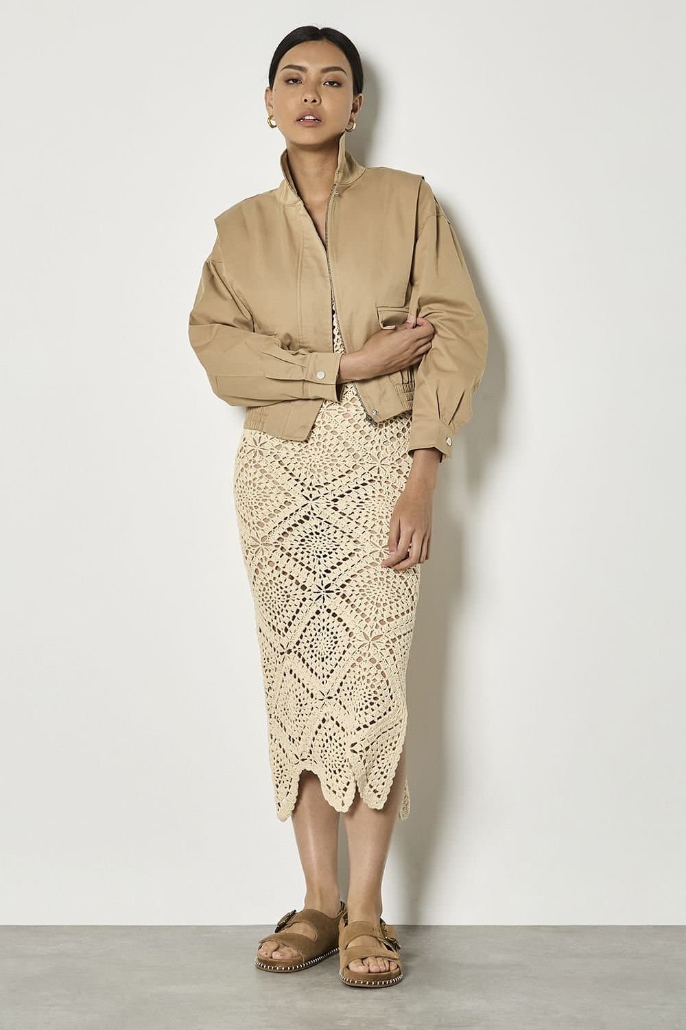 Apricot Apricot Beige Pleated Bomber Jacket for Women