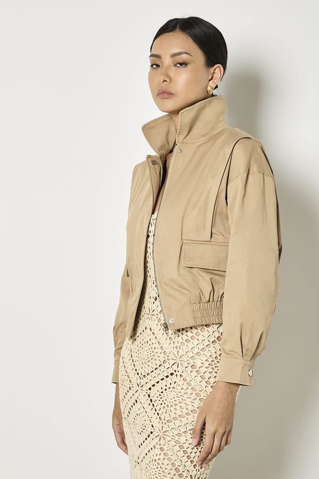 Apricot Apricot Women's Pleat Detail Bomber Jacket in Beige - 2