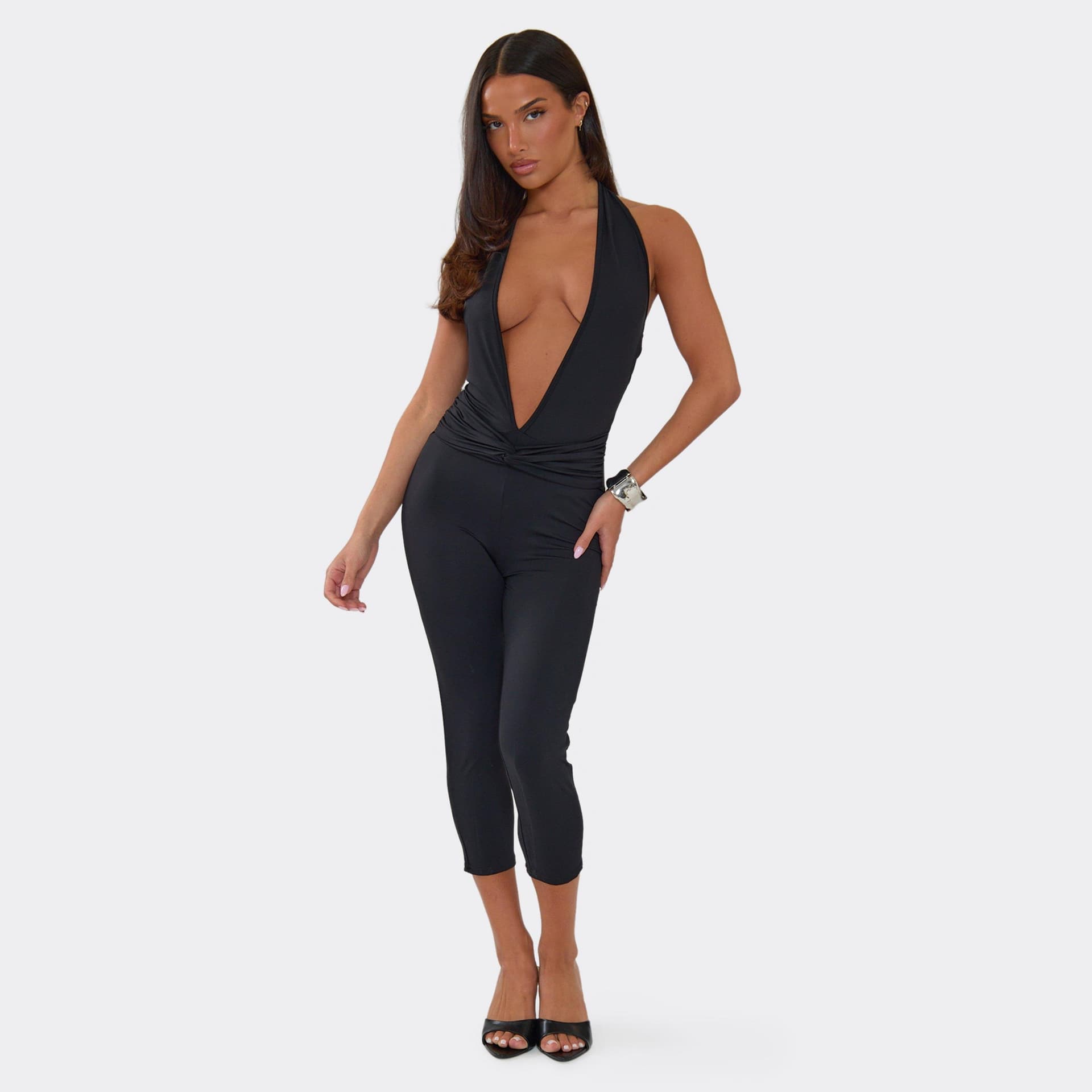 EGO Plunge Halterneck Knot Detail Capri Jumpsuit In Black, Women's Size UK 6