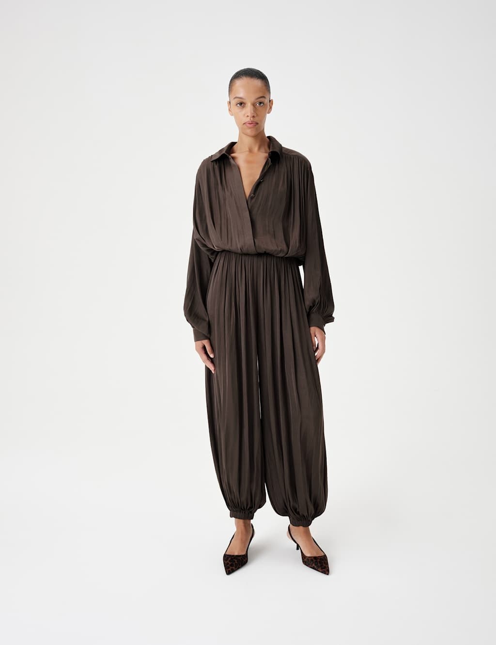 Marks & Spencer M&S Satin Pleated Long Sleeve Waisted Jumpsuit Dark Mole