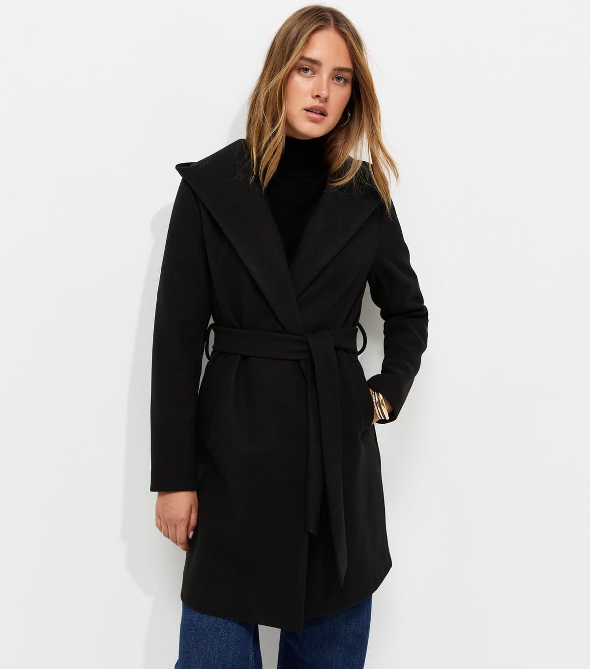 New Look Women's Black Felt Belted Hooded Coat New Look