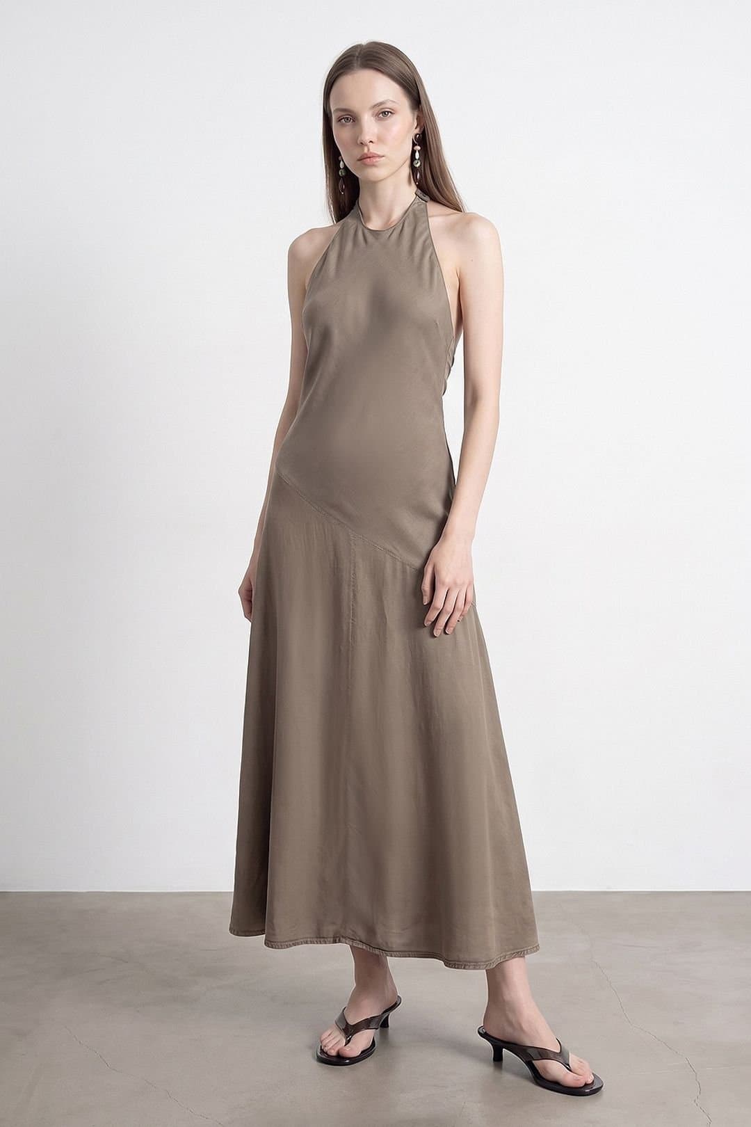Dilvin Dilvin Women's Tencel Halter Maxi Dress in Khaki