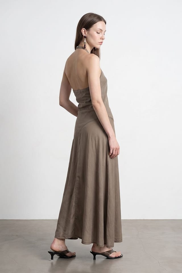 Dilvin Dilvin Women's Tencel Halter Maxi Dress in Khaki - 2