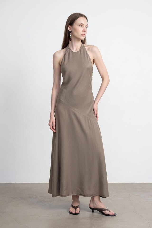 Dilvin Dilvin Women's Tencel Halter Maxi Dress in Khaki - 3