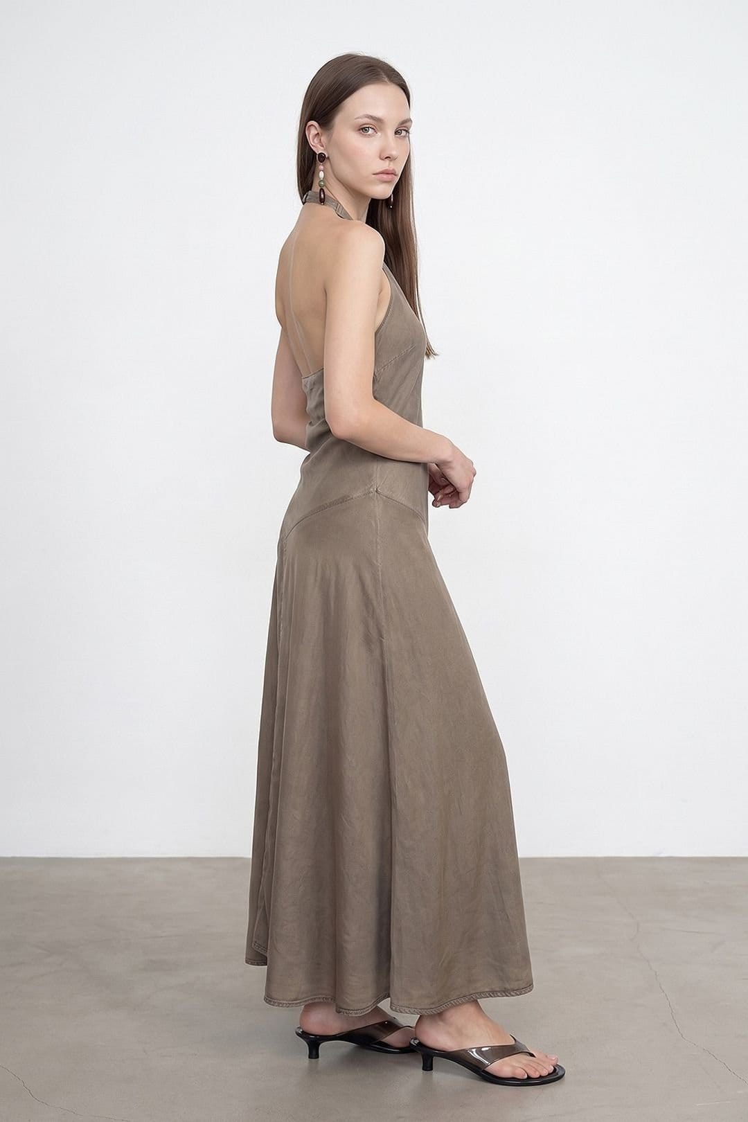 Dilvin Dilvin Women's Tencel Halter Maxi Dress in Khaki - 4