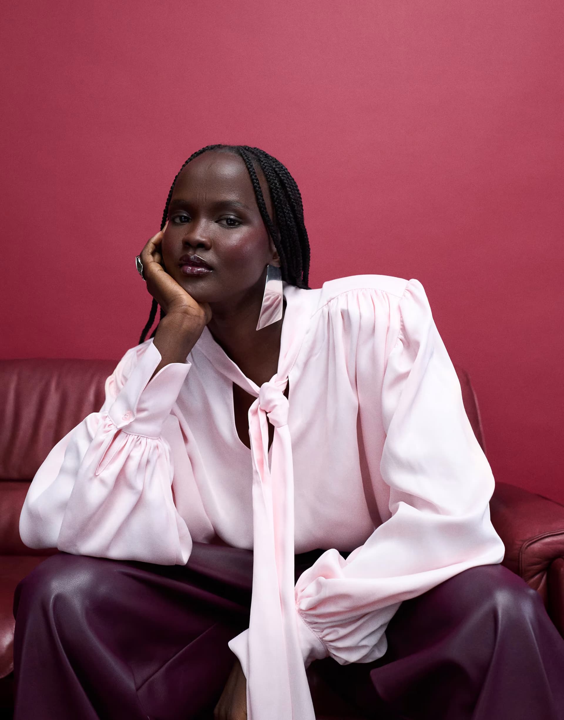 ASOS ASOS DESIGN satin shoulder pad tie neck blouse in pink