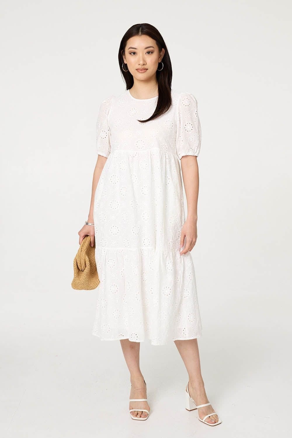 Izabel London White Broderie Anglaise Tiered Midi Dress