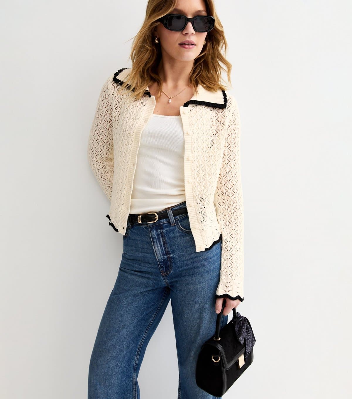 New Look Women's Cream Cotton Rich Crochet-Look Knit Scalloped Collar Cardigan New Look