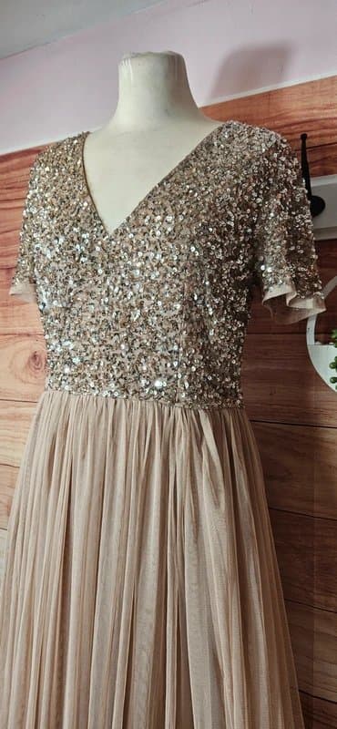 Maya Beautiful beige sequin embellished occassion dress size 10