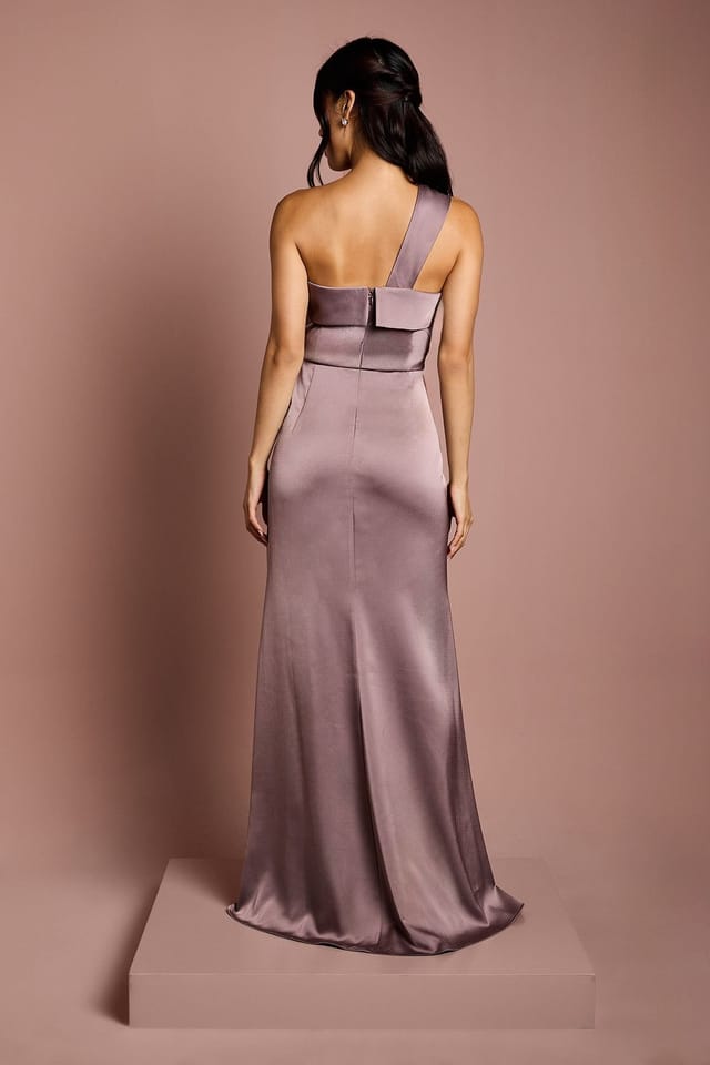 Coast Coast Women's Asymmetric Neckline Satin Bridesmaid Maxi Dress in Dark Mauve - 3