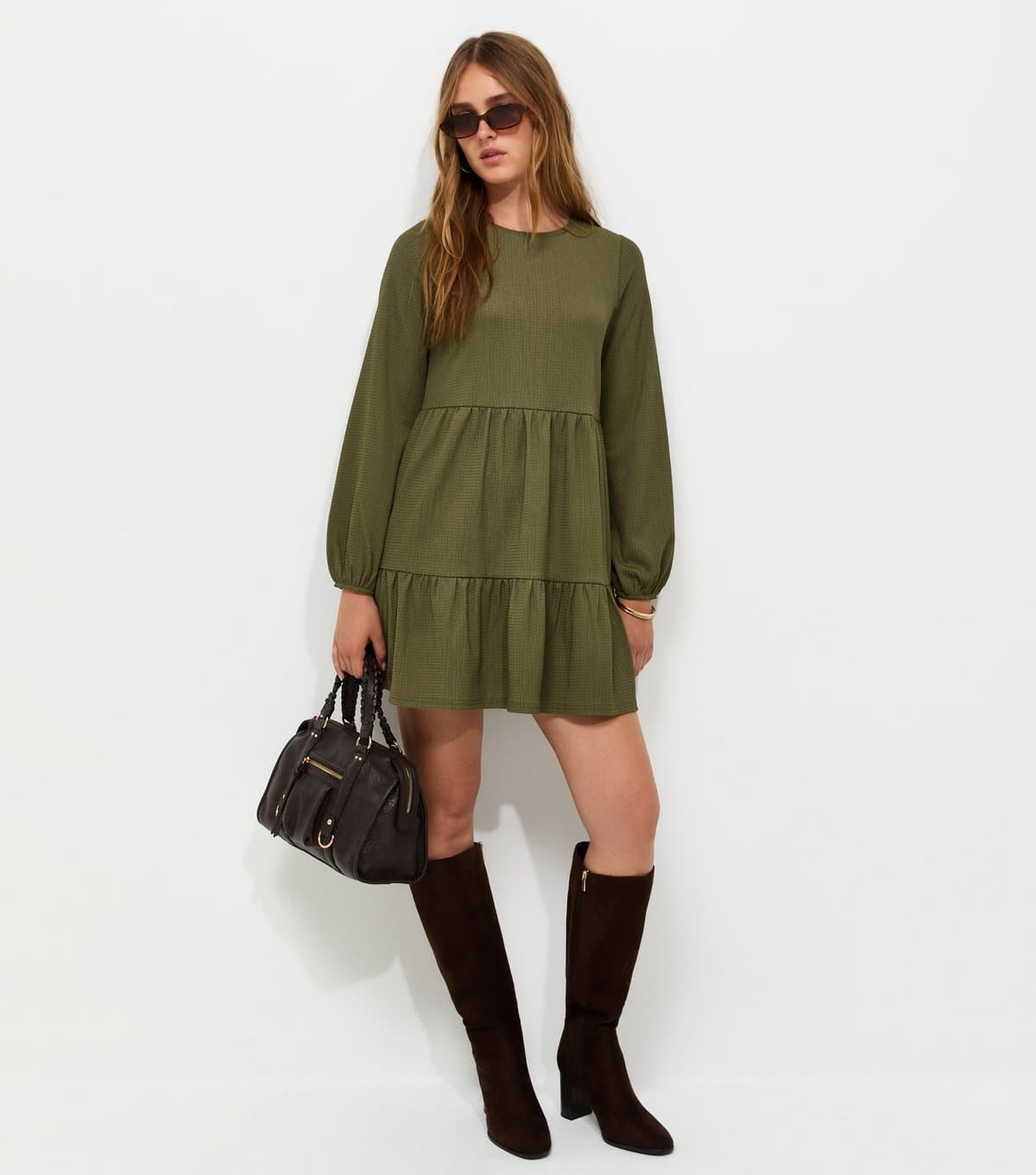 New Look Women's Dark Khaki Crinkled Long Sleeve Smock Mini Dress New Look