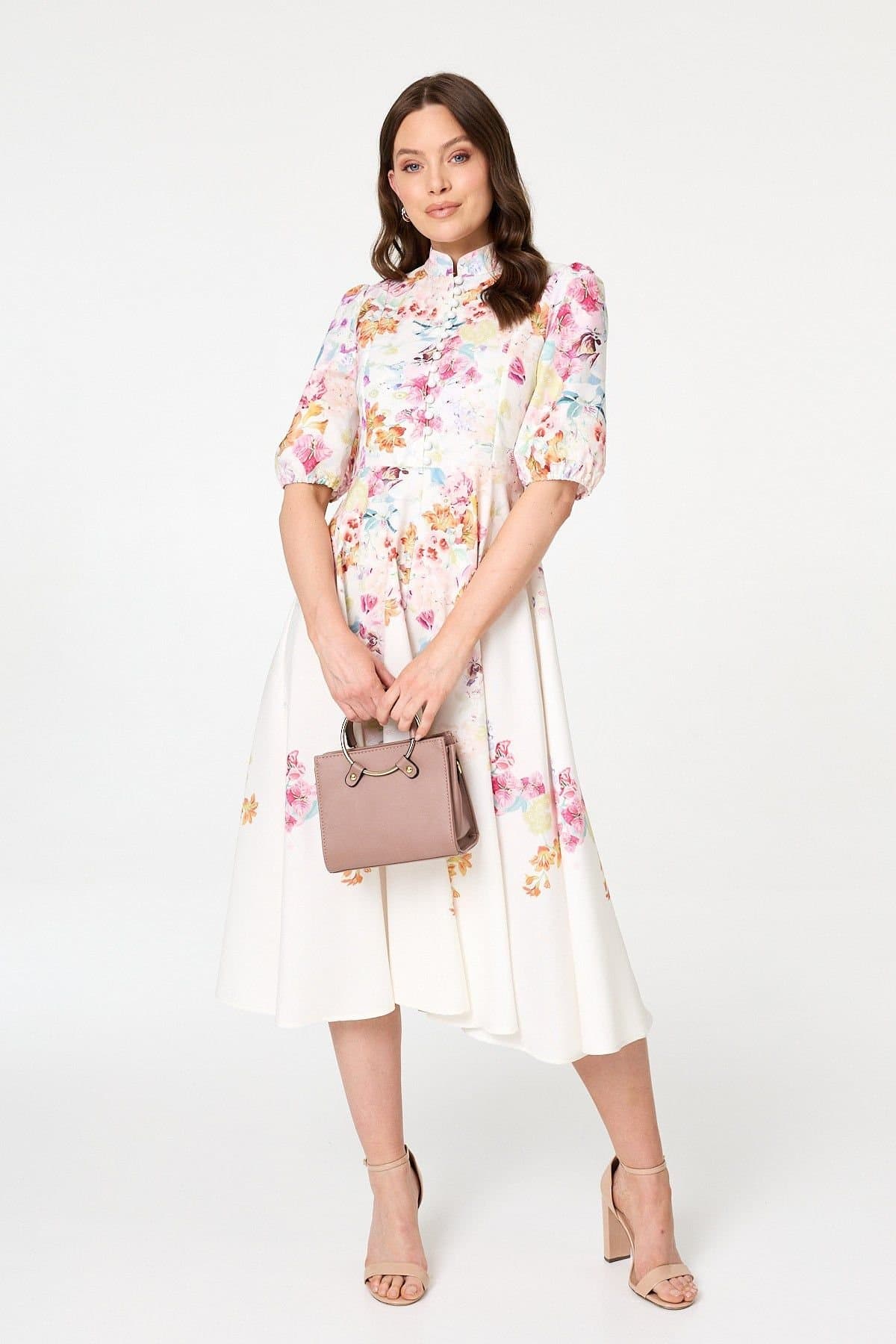 Izabel London Izabel London Women's Floral 3/4 Sleeve High Neck Midi Dress in White