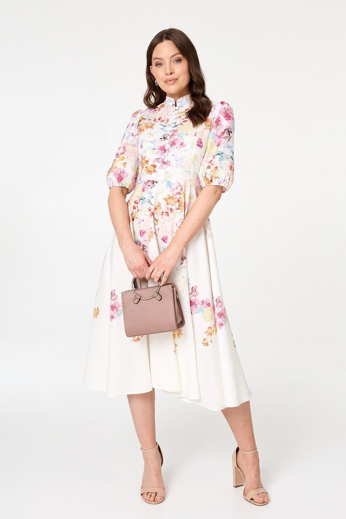 Izabel London Floral 3/4 Sleeve High Neck Midi Dress in White
