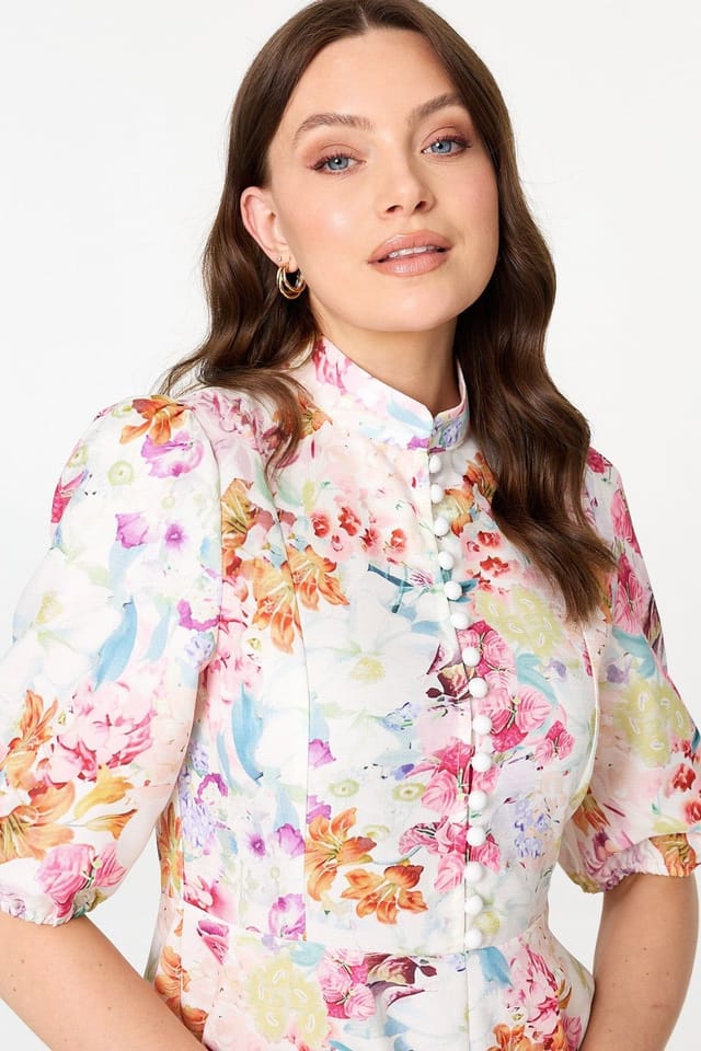 Izabel London Izabel London Women's Floral 3/4 Sleeve High Neck Midi Dress in White - 2