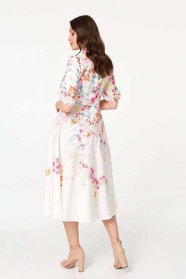 Izabel London Izabel London Women's Floral 3/4 Sleeve High Neck Midi Dress in White - 3