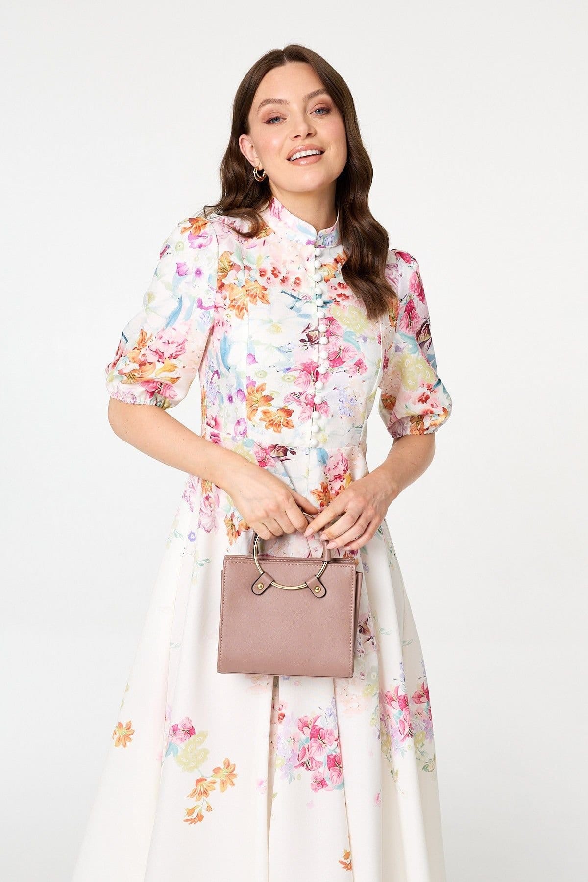 Izabel London Izabel London Women's Floral 3/4 Sleeve High Neck Midi Dress in White - 4