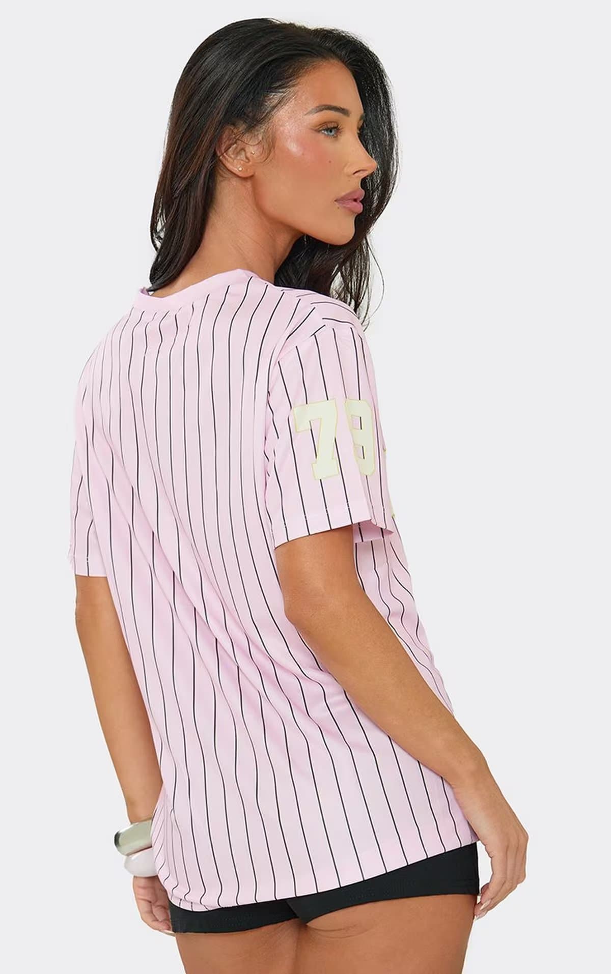 EGO Short Sleeve V Neck Football Jersey Top In Pink Stripe, Women's Size UK M