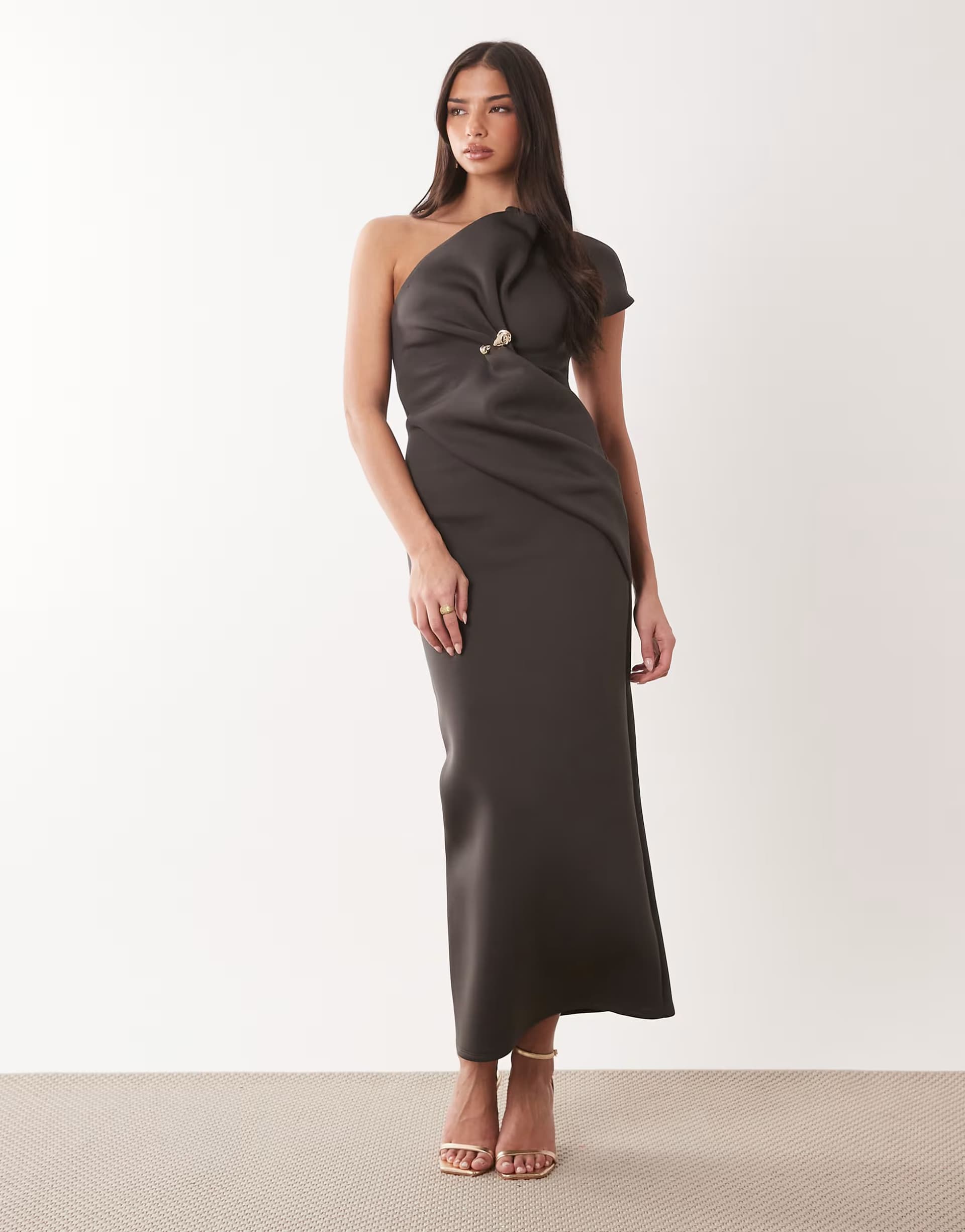 ASOS ASOS DESIGN asymmetric one shoulder midi dress with trim in brown scuba-style fabric